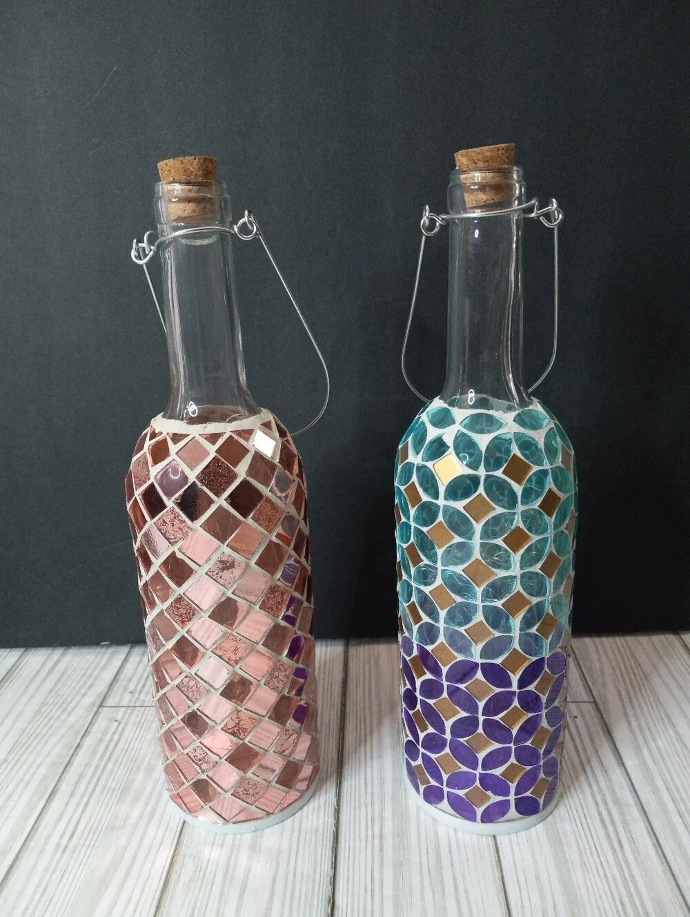 Handcrafted Mosaic Glass Bottle Lantern Fairy Light Set - Pink and Teal